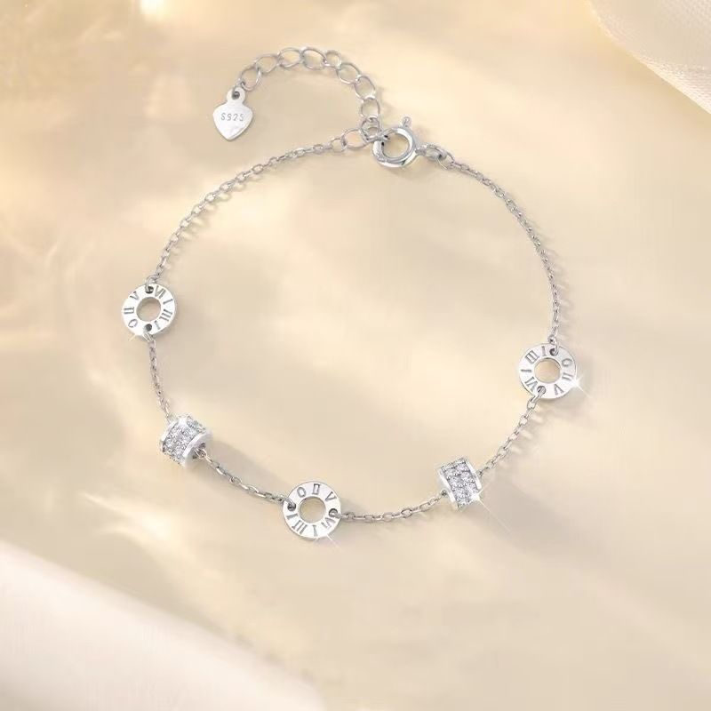Women's Rose Gold Roman Numeral Bracelet, Double Barrel Cubic Zirconia Charm Bracelet, Adjustable Stackable Fashion Jewelry, 2 Colors Available
