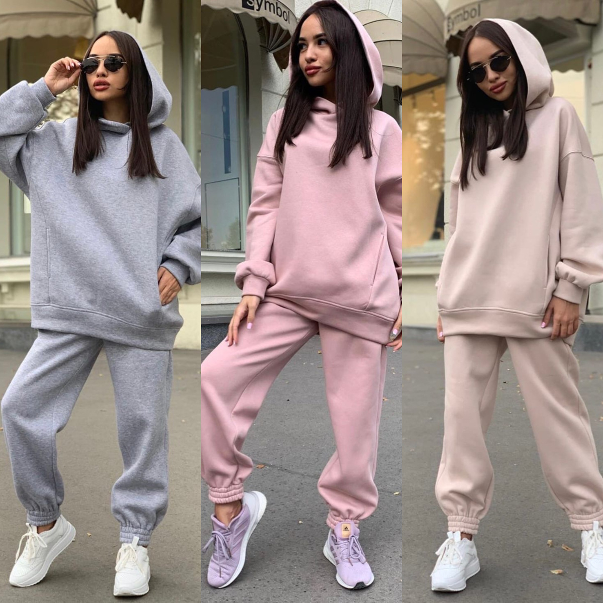 9700# Women's Autumn and Winter New Fashion Solid Color Hooded Sweatshirt Casual Two-Piece