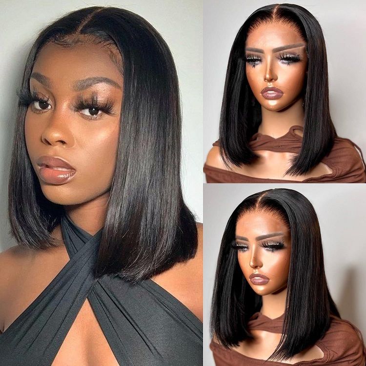 14 Inch Straight Bob Lace Front Wigs Human Hair for Black Women, 13x4 HD Transparent Lace Frontal Wigs Pre Plucked with Baby Hair, 180% Density Glueless Brazilian Virgin Human Hair Bob Wigs Natural Black Color for Daily Wear