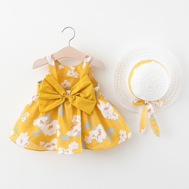 2Piece Summer Clothes Baby Girl Beach Dresses Casual Fashion Print Cute Bow Flower Princess Dress+Hat Newborn Clothing Set
