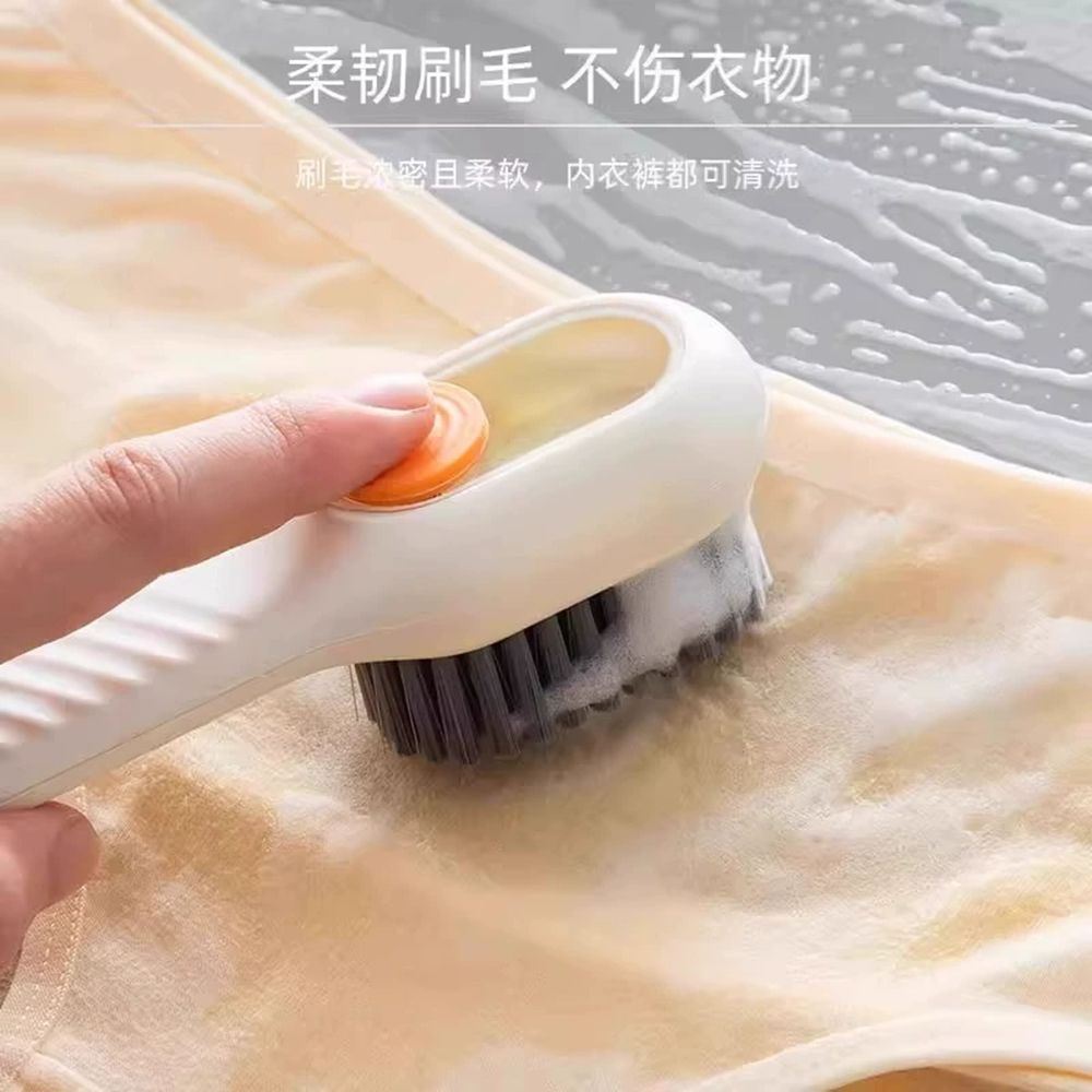 Adding liquid to shoes, brushing shoes, and using a household pressure type brush to dispense liquid without damaging the shoes. Adding liquid to shoes and using a shoe brush