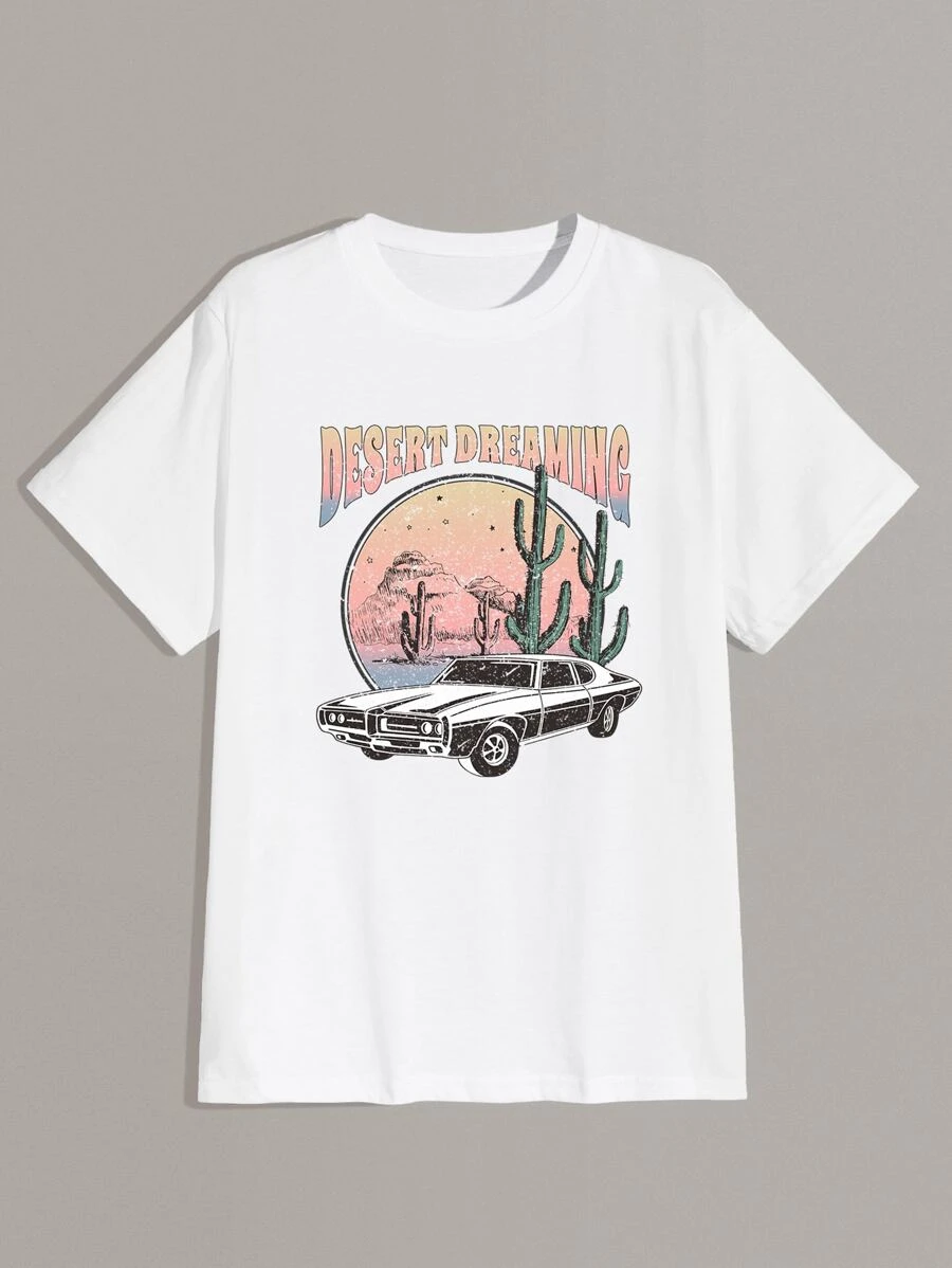 DX081# Women Letter Car & Balloon Graphic Tee T-Shirt