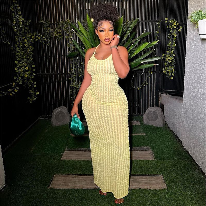 K23D26525 Sleeveless Halter Sexy Backless Maxi Dress Women Knitted See Through Beachwear Summer Holiday Long Split Dresses
