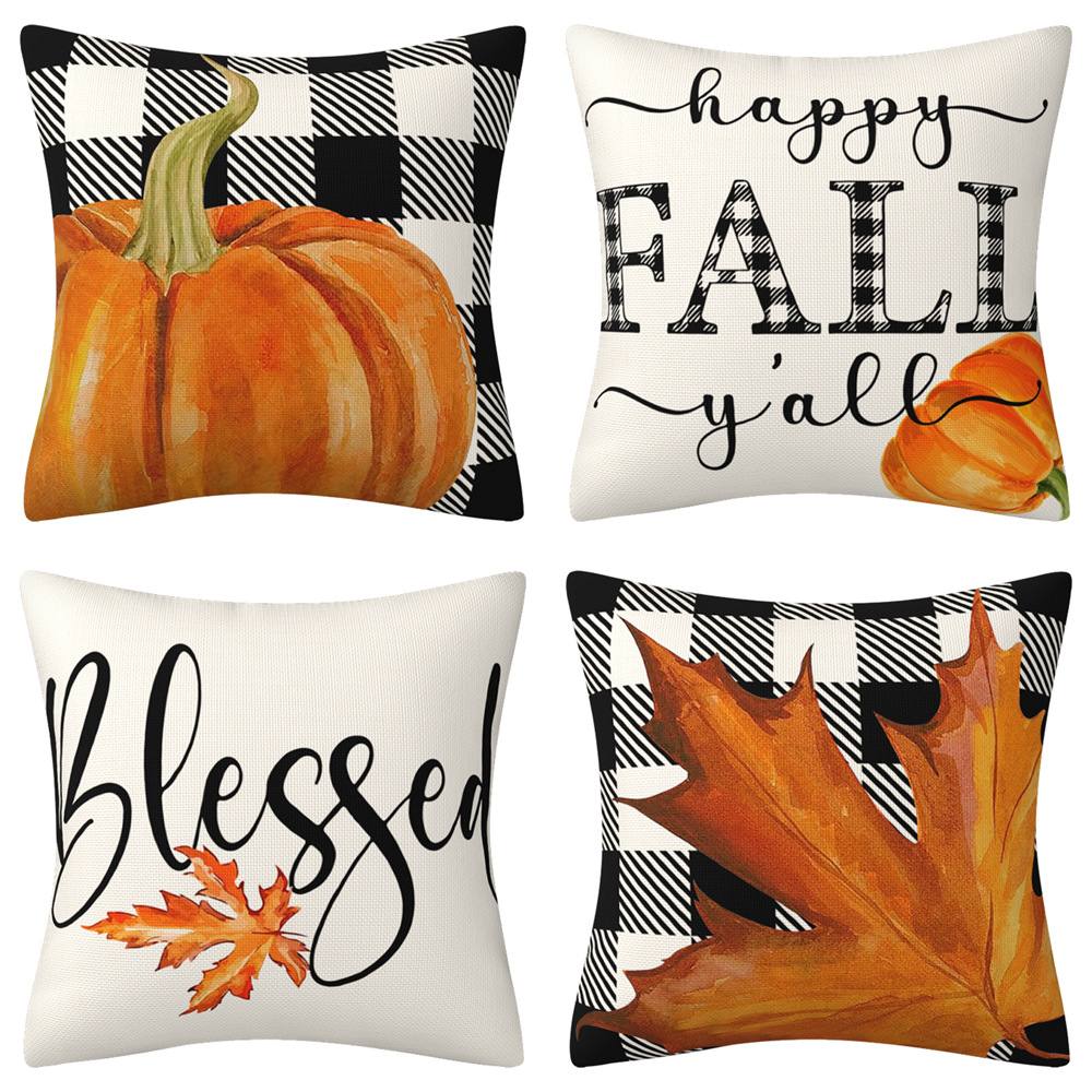 HCOO-03 Fall Pillow Covers 45*45cm Fall Decorations Autumn Pillow Covers Buffalo Plaid Pumpkin Pillow Covers Holiday Rustic Linen Fall Pillow Case for Sofa Couch