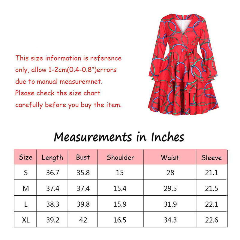 FQIG Women African Floral Print V Neck Long Sleeve Dress Dashiki Ruffle Swing Pleated Layered Ruffled Hem Party Dress