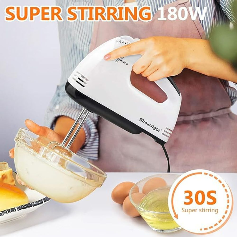 7-Speed Electric Hand Mixer Stainless Steel Whisk Mini Handheld Mixer Egg Cream Food Beater With 2Pcs Beaters, 2Pcs Dough Hooks