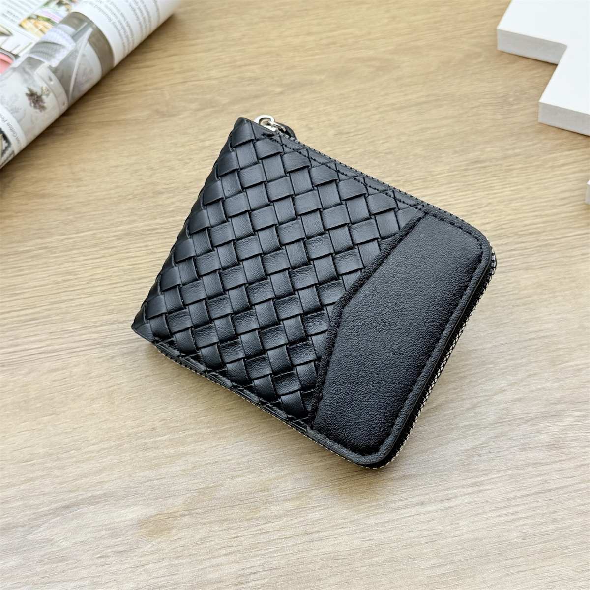 Woven Leather Coin Purse Wallet Leather Card Case Wallet With Coin Organizer,Change Holder,Leather Coin Purse Leather Zipper Storage Bag for Men & Women 