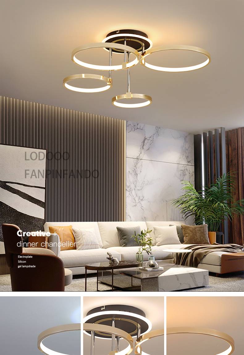 LPS Nordic creative round chandelier bedroom living room dining room lighting golden chrome halo ceiling lamp