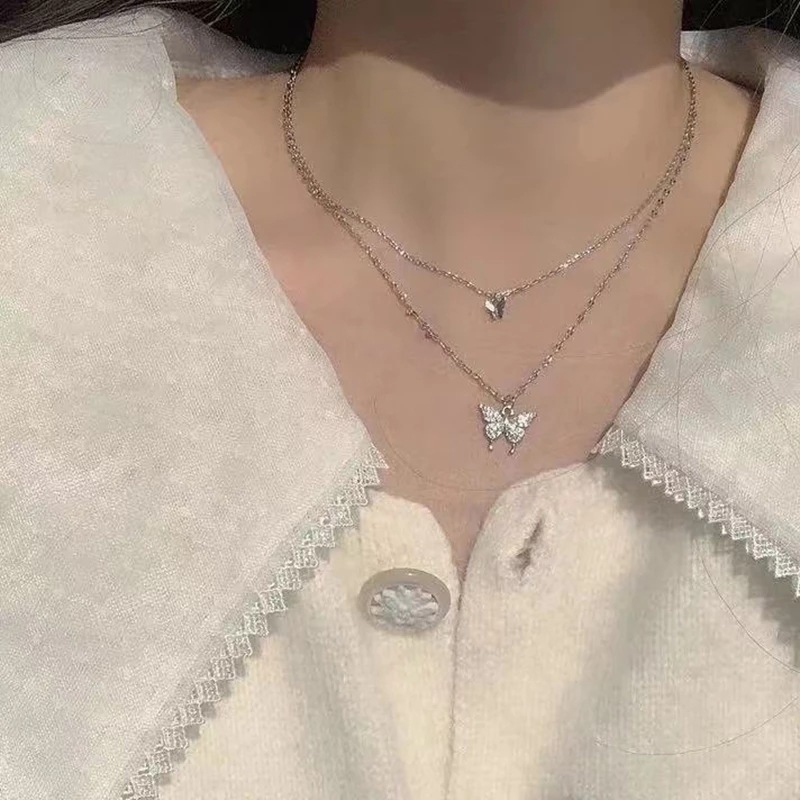 53739 New Korean Silver Plated Shiny Butterfly Necklace Ladies Exquisite Double Layer Clavicle Chain Necklace Jewelry Gift