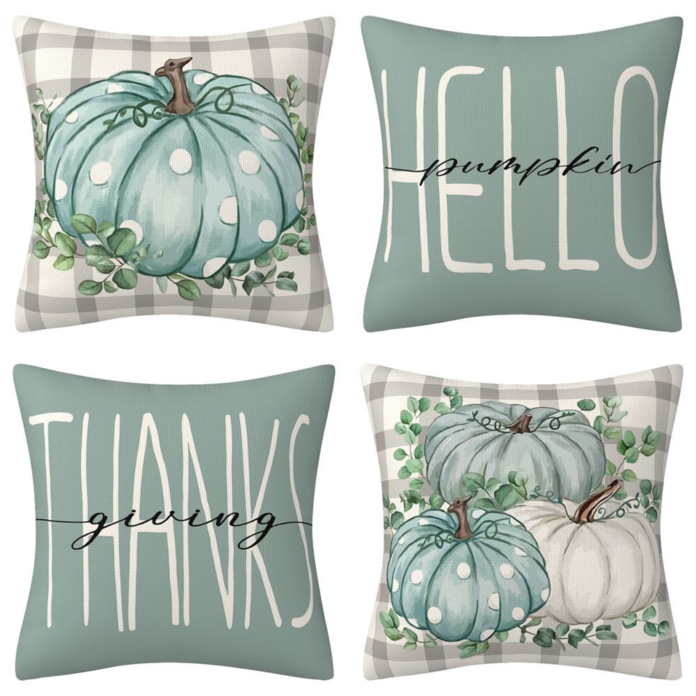 MNBY-07 Fall Pillow Covers 18x18 inch Buffalo Plaid Eucalyptus Leaves Polka Dots White and Blue Pumpkins Fall Pillows Decorative Throw Pillows Farmhouse Thanksgiving Decorations Autumn Cushion Case