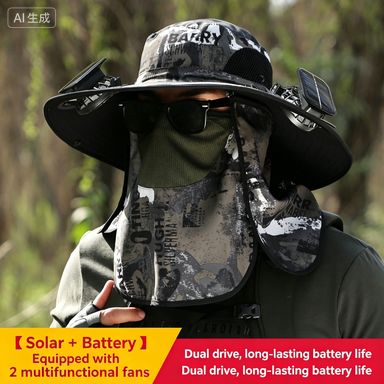 Men's Solar Powered Cooling Fan Sun Hat, Full Coverage UV Protection Fishing Hat with Neck Flap & Face Cover, Wide Brim Breathable Outdoor Hat for Hiking Gardening Work