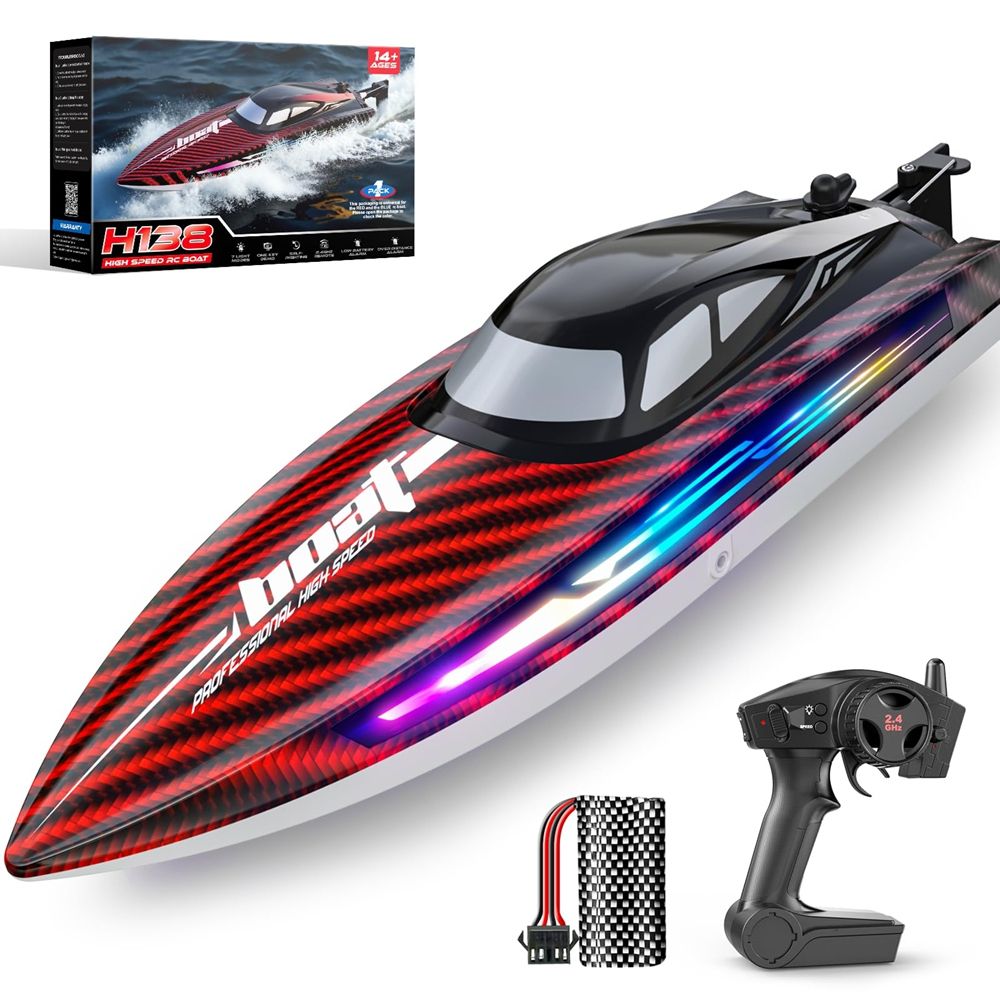 RC Boat 30KMH with 7Light Modes,Remote Control Electric Fast Speed Boat for Adults Kids 8-12 Lake Pool Water Play,Self-righting,Demo,Water Cooling,Full Waterproof,20 Mins,Low Battery Alert,2.4Ghz,Red