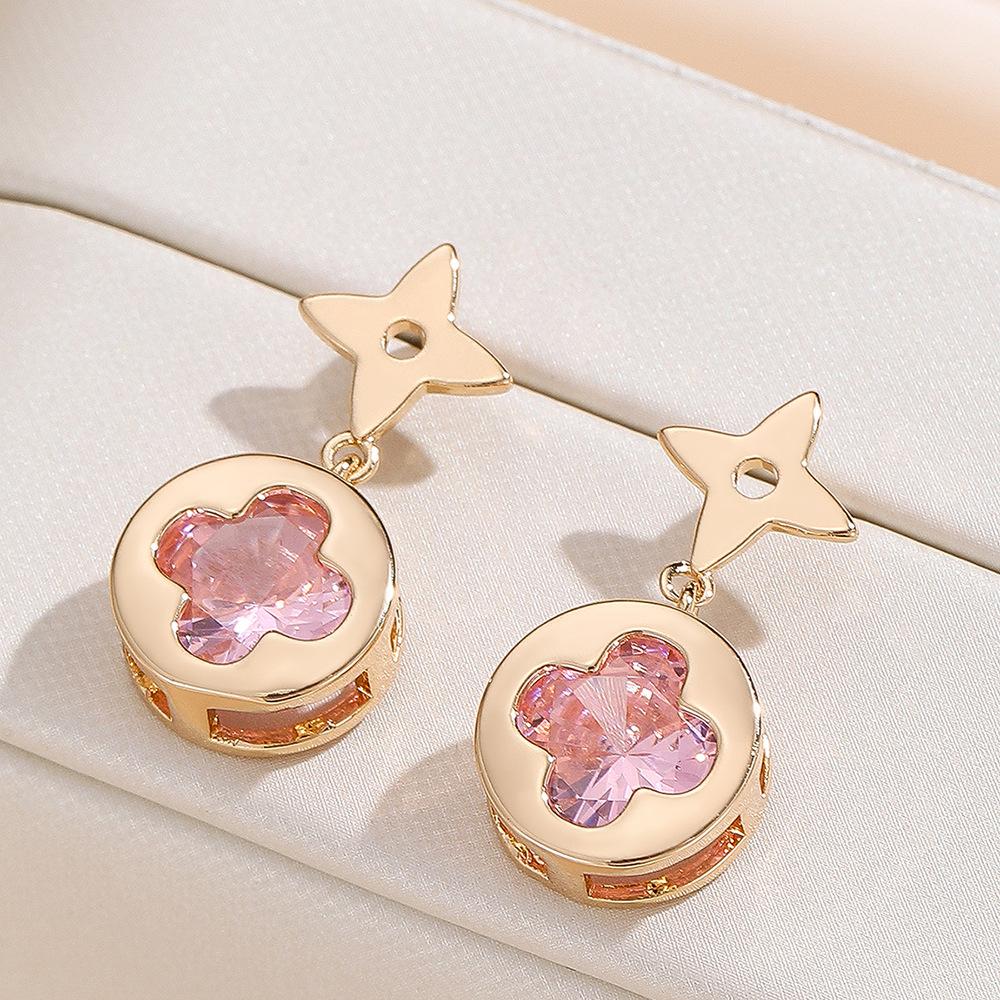 French Luxury Four-Leaf Clover Dangle Earrings, 18K Gold & Silver Plated Copper Star Top Drop Ear Jewelry, Inlaid Multi Color Clover Cut Cubic Zirconia Long Pendant Earrings, Elegant Trendy High-end Women Accessory For Daily Dating Party With 5 Gem Color Options
