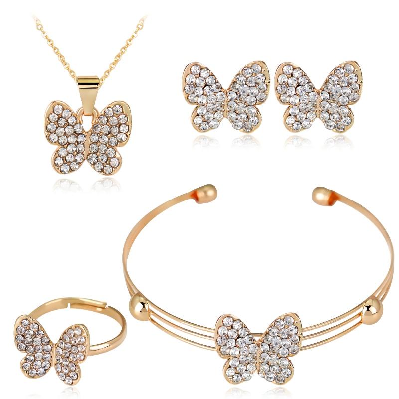 HUADEER Exquisite Gold-Plated Crystal Queen Princess Crown Necklace Earring Bangle Ring Jewelry Set 4 in 1 for Girls Wife