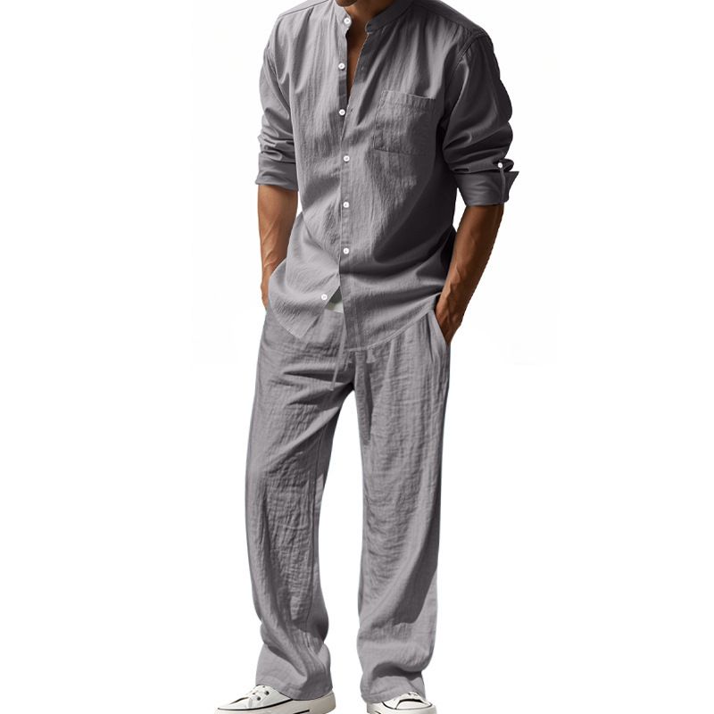 Men's Clothing Sets Two-Piece Outfits Flax Men's Casual Loose Breathable Long Sleeve Long Pants Shirt Beach Set