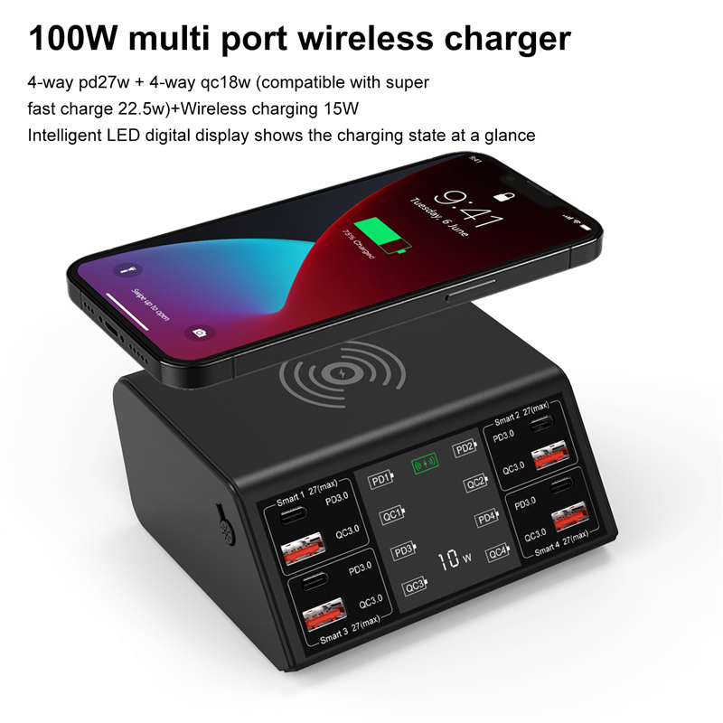 USB Charger PD QC3.0 USB C 100W 8 Port Fast Phone Charger Qi Wireless Charger Charging Station For Huawei Xiaomi iPhone Samsung