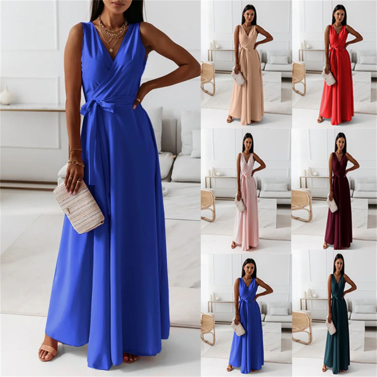 2025 new European and American lace-up V-neck party long dress dress woman