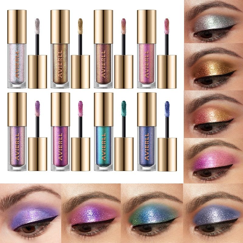 AVIERLL Liquid Glitter Eyeshadow, Shimmer Metallic Eyeshadow, Long-Lasting Waterproof Sparkling Eye Makeup, 8 Colors Optional High Pigment Liquid Eyeshadow for Daily Party Cosmetics
