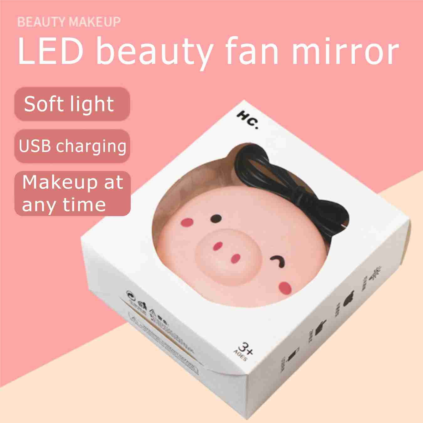 Pink Cartoon Pig Makeup Mirror Portable Rechargeable Led Light Makeup mirror Mini Fill Light Mirror Fan Mirror