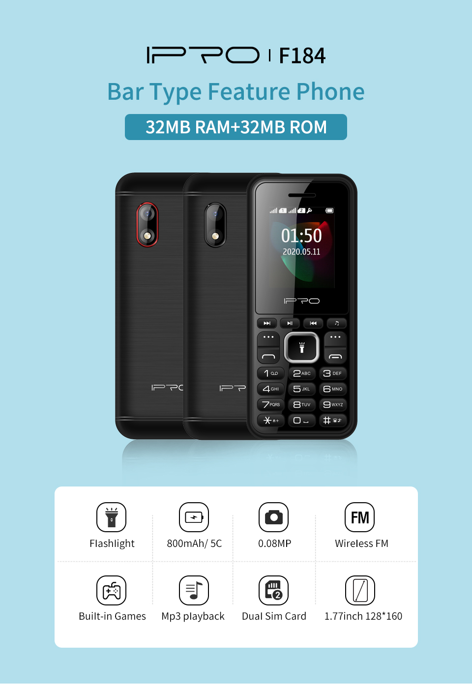 IPRO F184 1.77 Inch Multi Media Button Wireless FM 800mAh Battery Feature Bar Phone Mobile Phone Dual SIM Card  FM Torch  Cell Phone