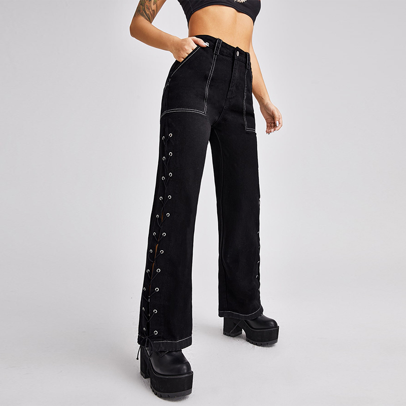 CL883 Women's Grommet Lace-up Topstitching Wide Leg Jeans