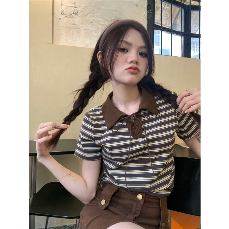 Women's Summer New Vintage Striped T-Shirt Slim Fit Cropped T-Shirt