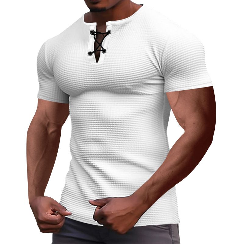 2024 summer sports leisure slim men's short sleeve T-shirt breathable European and American men tie rope Henry shirt 2424