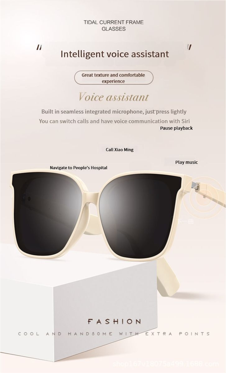 AI smart sunglasses with Bluetooth, polarized lenses, UV and blue light protection, music and call functionality, transparent design, and interchangeable lenses.
