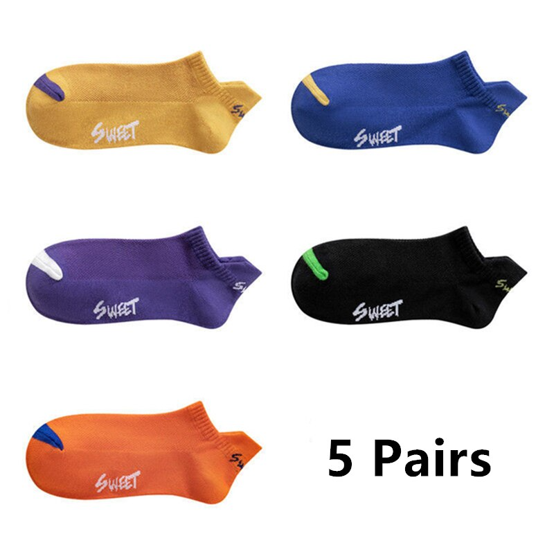 6055855 5 Pairs Mens Summer Letter Ankle High-Quality Elastic Mesh Breathable Deodorant Short Socks