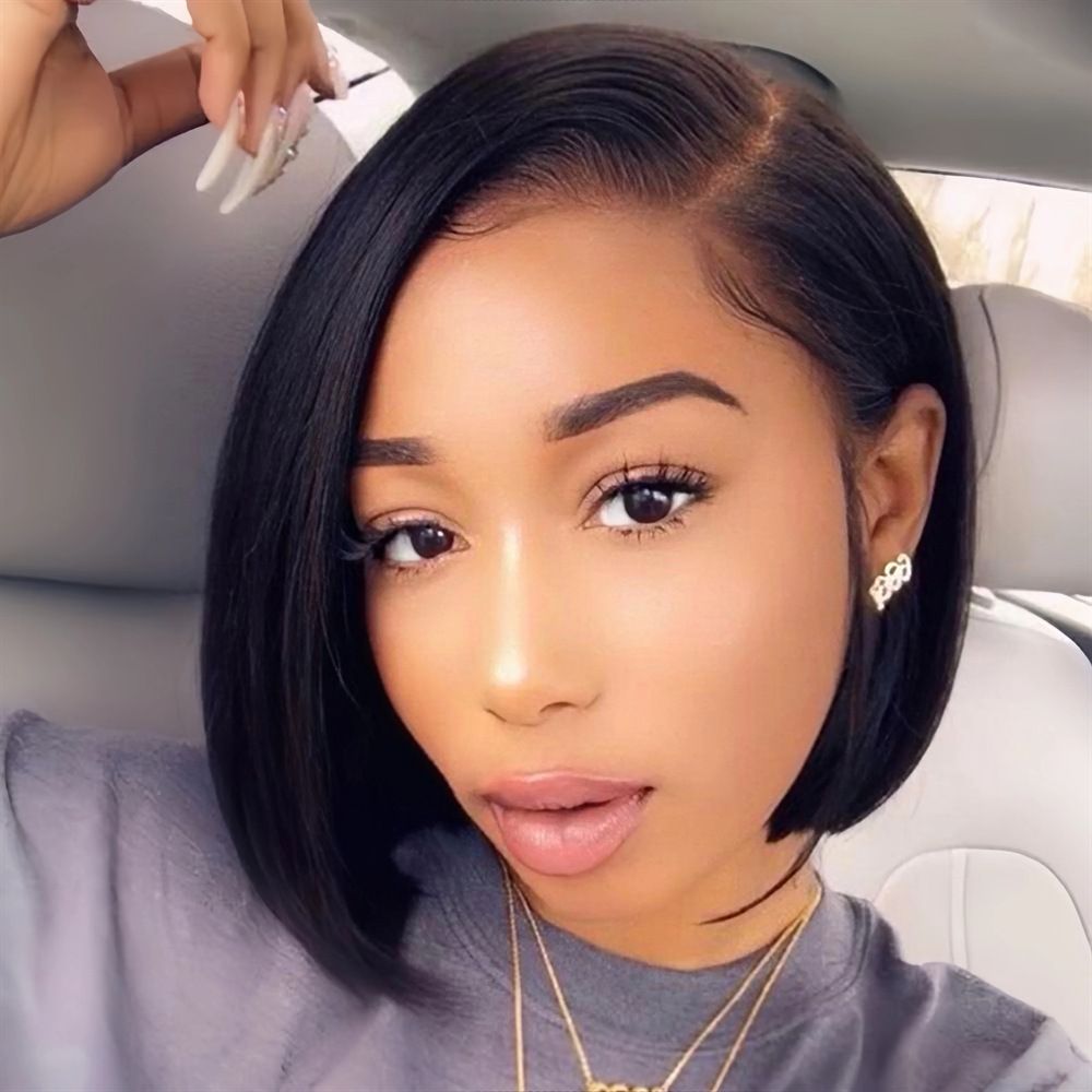 Wig female side divided bobo short straight hair European and American fashion black short hair high temperature silk full head cover