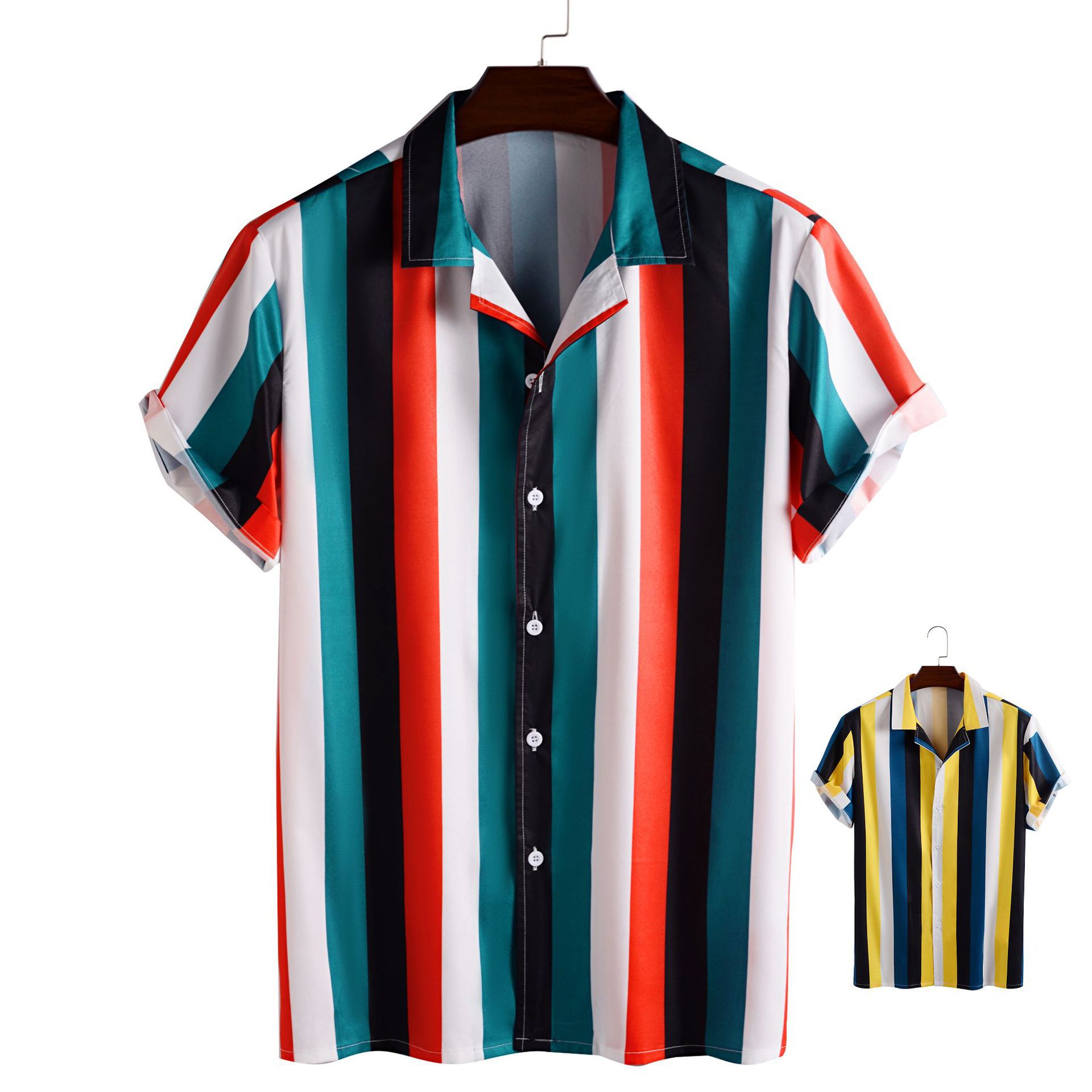 New fashion Lapel short sleeve men's printed striped shirt Cool Breathable Comfortable