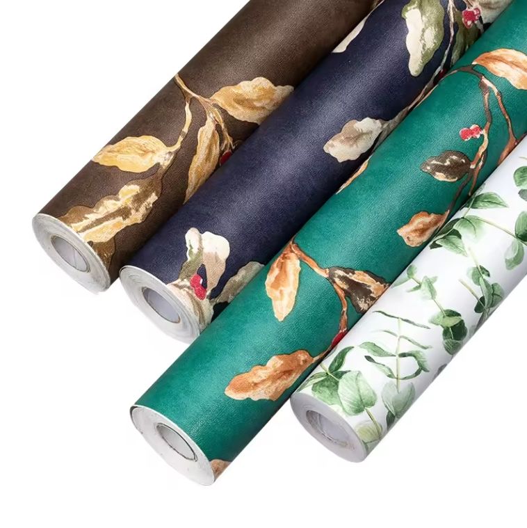 Fiber Laminated Modern Floral Design Vinyl Foil Wallpaper Rolls For Interior Wall Decorations - Size: 10 METERS * 54CM