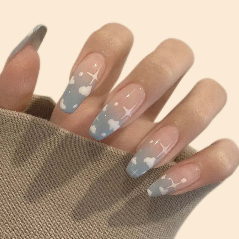 JP1048 24 PCS Extra Long Full Cover False Nails Gray-blue Clouds Stars Removable Wear Coffin Fake Nails Press on Nails