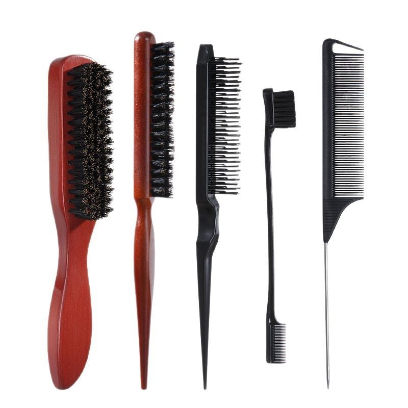 5Pcs Wooden Boar Bristle Hair Styling Brush Set, Professional Hair Grooming Kit with Teasing Brush, Edge Brush, Tail Comb & Rat Tail Comb, Natural Wood & Boar Bristle Tools for Men & Women, Portable Salon Hair Styling Set

