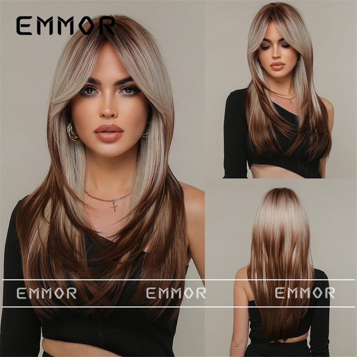 Europe and the United States new natural wig women in the division of eight-figure fringe gradually dyed brown long straight hair full head wig lc2068-9