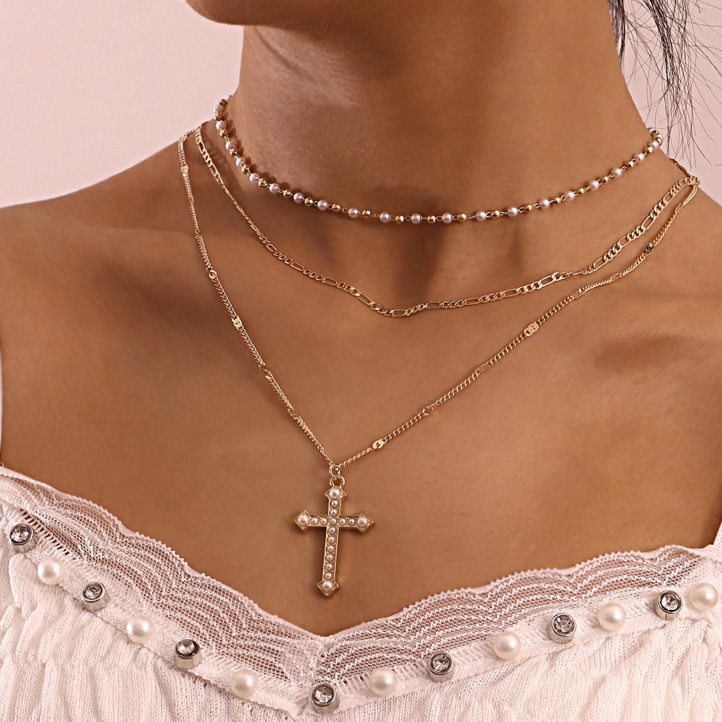 ZW211 Women's Multi-Layered Pearl Chain Necklace Cross Pendant Necklace