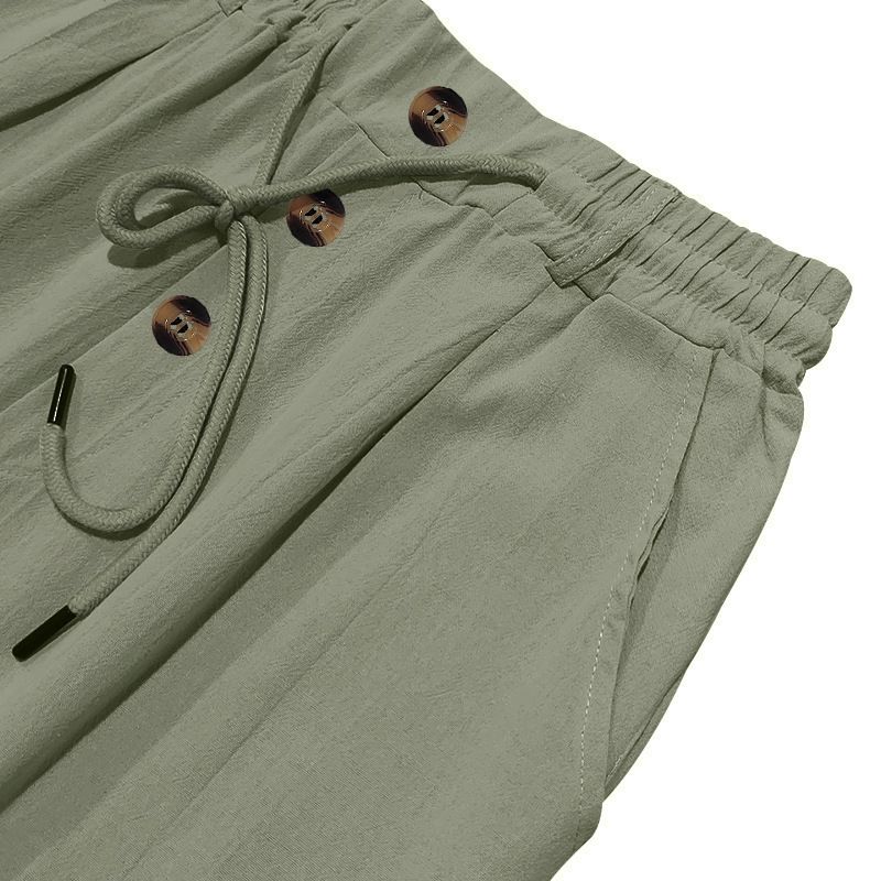 Men's Bottoms Pants Casual American Men's Cotton Linen Pants Button Decoration Drawstring Summer Beach Pants Straight Tube Solid Color Breathable Pants