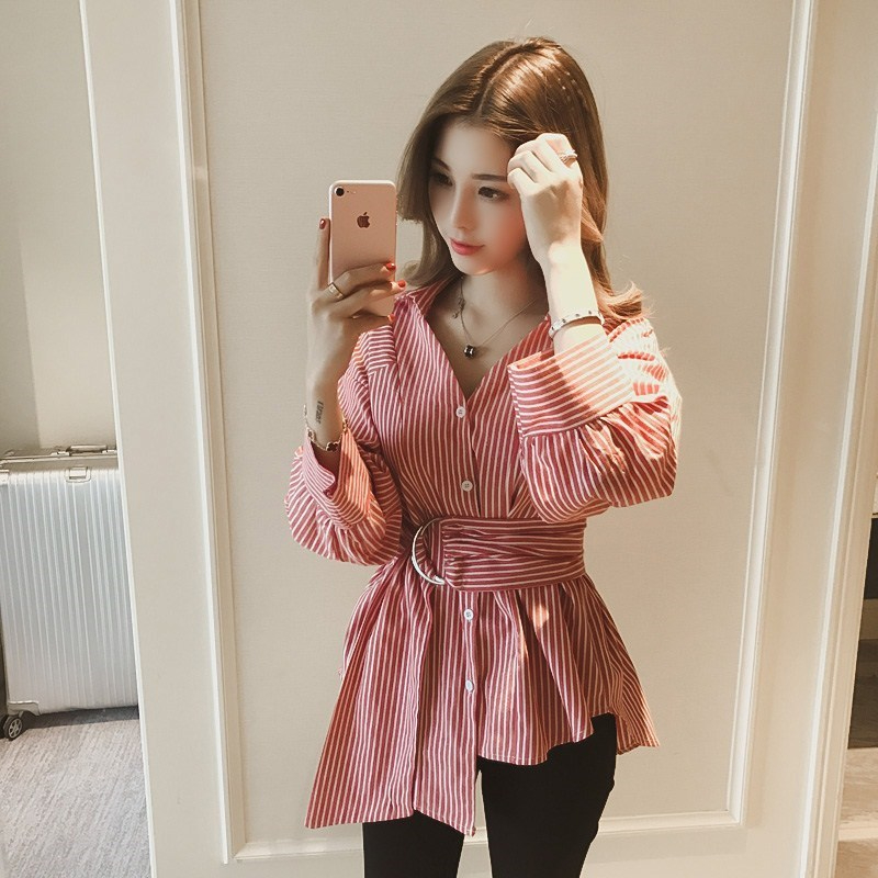 E35-22-528 Women's Spring New Loose Striped Long Sleeve Shirt Irregular Belt Shirt