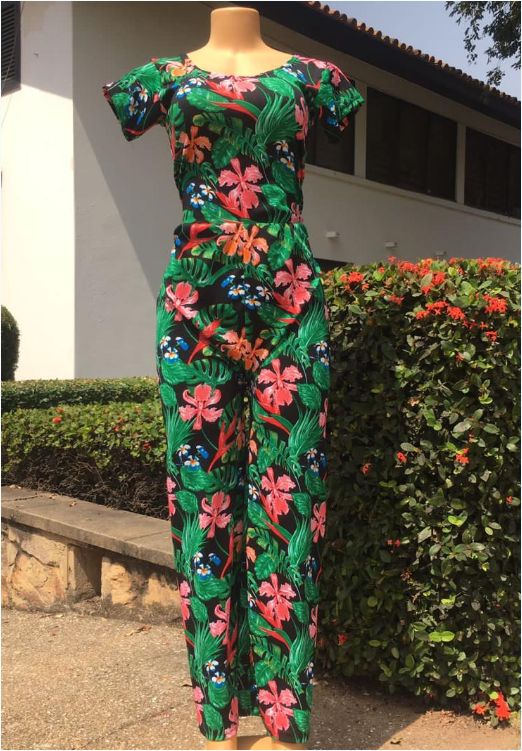 Women Design O Neck Short Sleeve Polyester Floral Print Maxi Jumpsuit