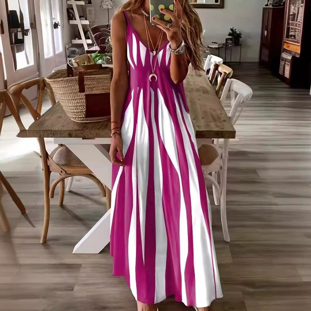 2025 Summer New European and American Style Amazon Explosive Casual Strap Printed V-neck Sleeveless Long Dress