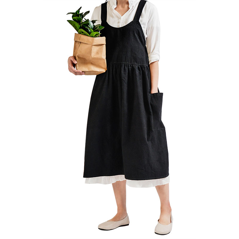 Women's Cotton Linen Square Cross Apron Solid Color Garden Work Pinafore Dress for Kitchen Cooking