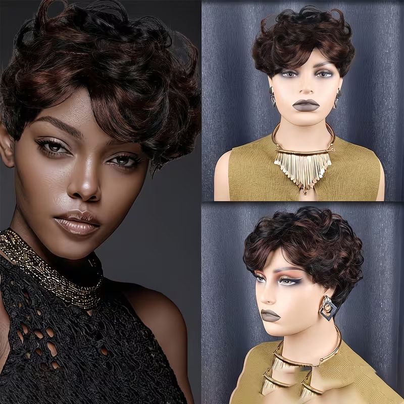 Highlighted Short Curly Pixie Full Wig for Black Women, Side‑Part Fluffy Synthetic Wig, Fashion Short Hair Wig for Daily Wear, Party and Cosplay Occasions