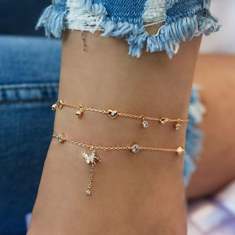 AK21Y0003 2Pcs Anklet Foot Chain Summer Bracelet Tassel Crystal Butterfly Pendant Charm Anklet Sandals Barefoot Beach Foot Bridal Jewelry