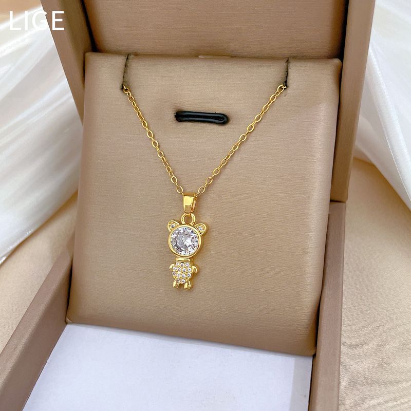 Titanium Steel Chain 3D Bear Pendant Necklace Micro‑Pave Cubic Zirconia Inlay Large Round Center Stone Luxury Fashion Women Clavicle Chain Shiny Neck Jewelry Versatile Daily Dating Party Elegant Accessory Gift for Ladies
