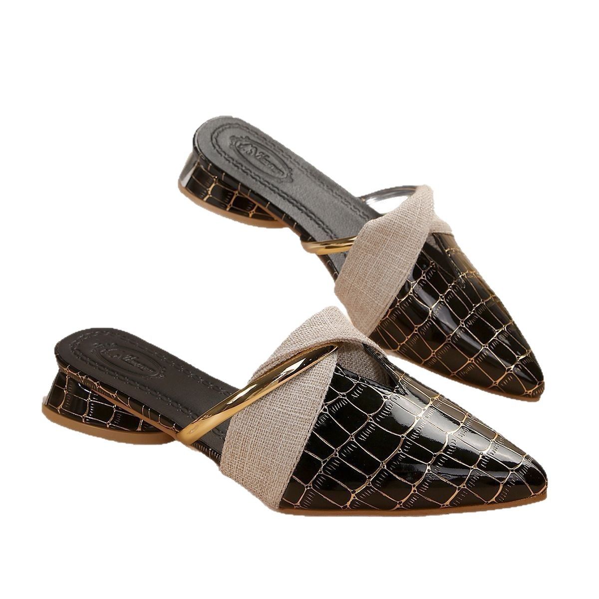 2025 Spring New Style Pointed Toe Snake Print Mule Sandals Women's Plus Size Low Heel Outdoor Sexy Fashion Foreign Trade Slippers