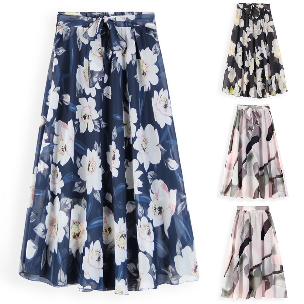 2026 Summer Women’s Floral Chiffon A-Line Skirt, Trendy Fashion Print Half Skirt, Lightweight Breathable Flared Skirt, High Waist Soft Comfortable Casual Party Skirt