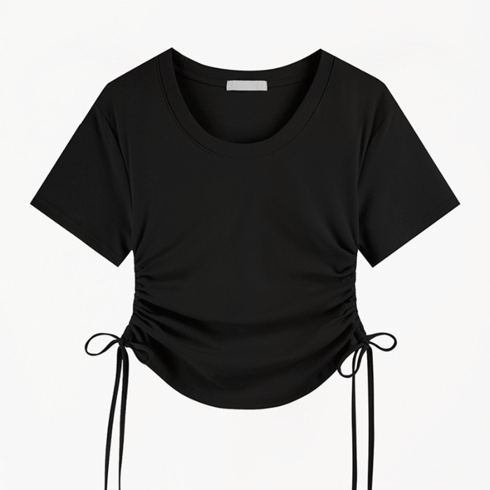 420 Women's Loose Crewneck Drawstring Slim Short Sleeve T-shirt