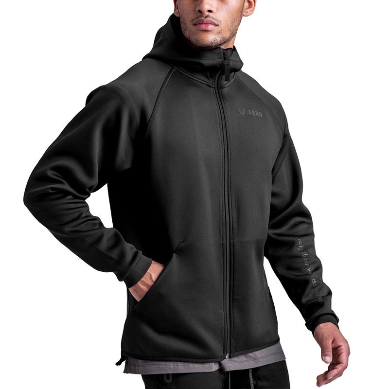 W-17 Men's Spring Autumn Solid Color Hooded Coat Long Sleeve Zipper Sports Coat