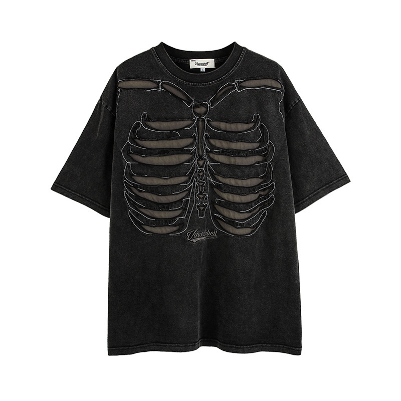 001 Gothic Skeleton Ripped Punk Washed Black T Shirts Men Harajuku Streetwear Hip Hop T-shirts Summer Cotton Loose Tee Shirt Tops