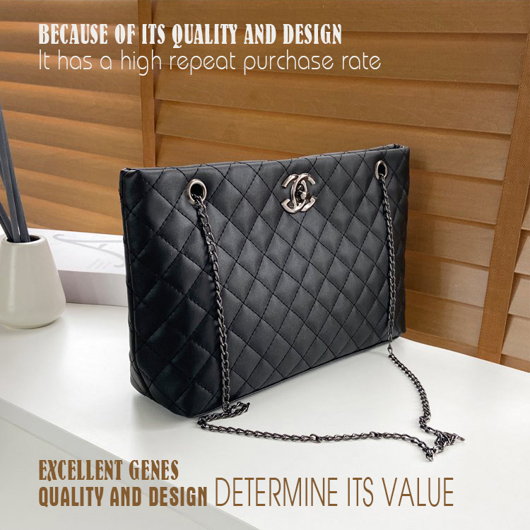 CHG-Ladies bags Tote bags Metal chain women's bags Lady single shoulder bags &amp; Zipper handbag (large zipper bag) (Black / Silver)